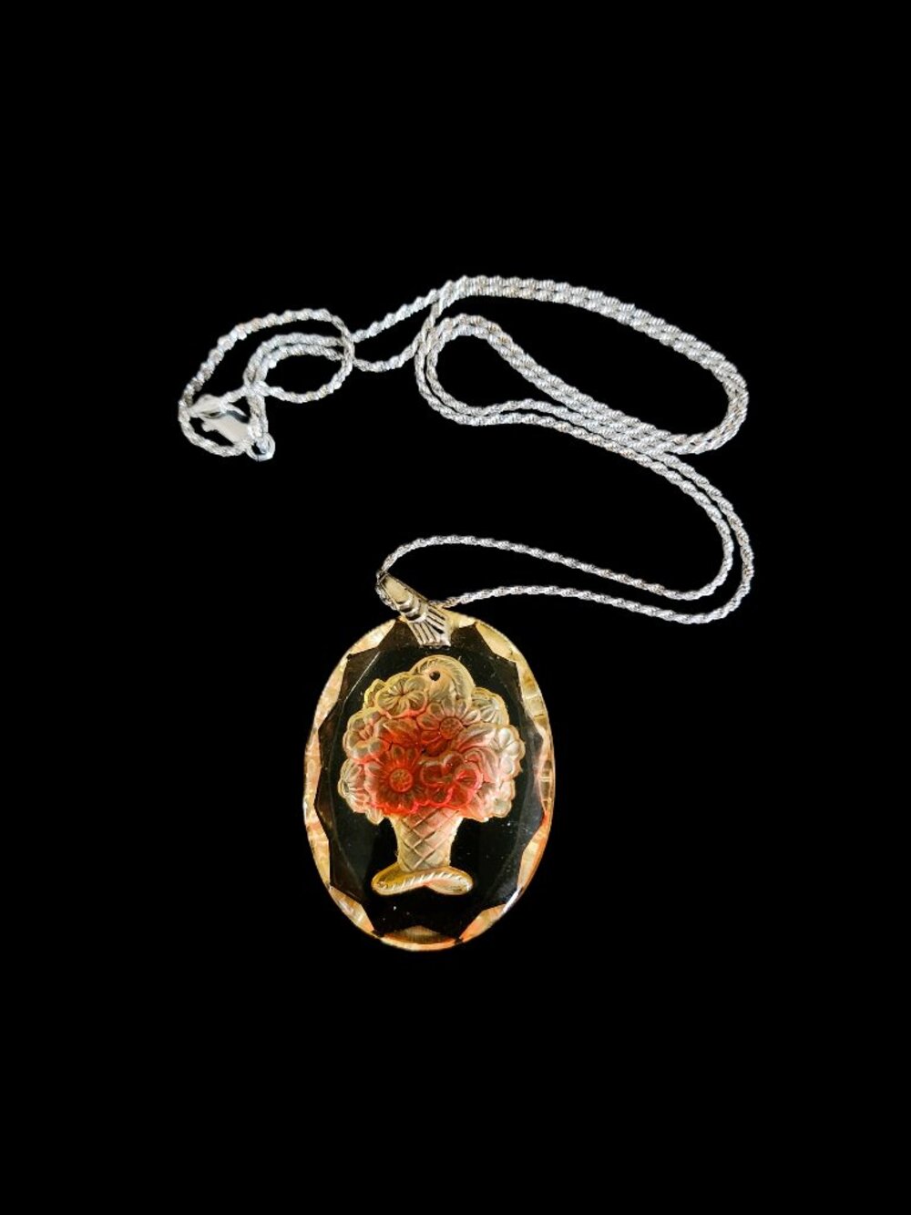 Vntg 50s Reverse Carved Light Yellow Crystal Flower Basket Pendant 925 Necklace